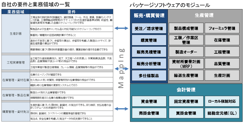 図1：パッケージソフトウェアのモジュールと自社要件の業務領域のマッピング例