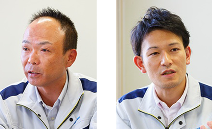 製製造部 辰野工場 購買課 課長 稲垣 貢 氏と製造部 辰野工場 生産管理課 生産管理グループ グループリーダー 福島 克宏 氏